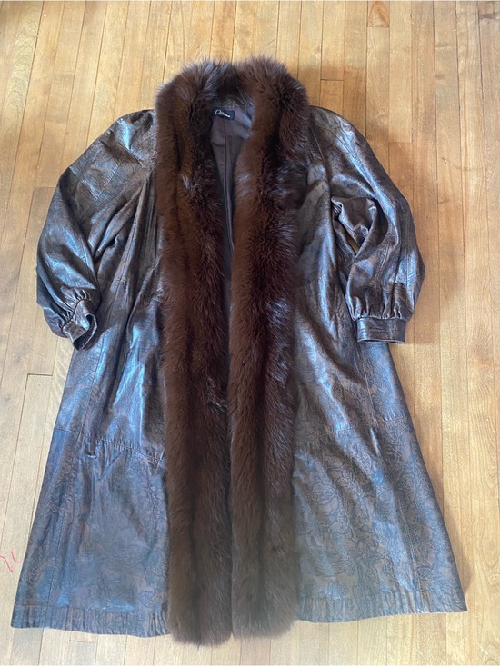 Jackets & Blazers - VTG Ottimo Leather Trench Coat Fox Fur Tuxedo Collar Exotic Snakeskin Inlay LG
